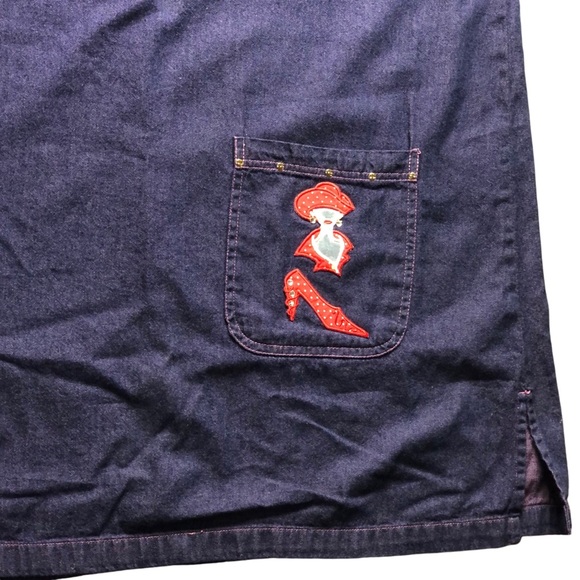 Vintage H & J Jean Dress 2XL Purple Tint Denim 2 Pockets Red Lady Hat Shoe Patch - Picture 4 of 12